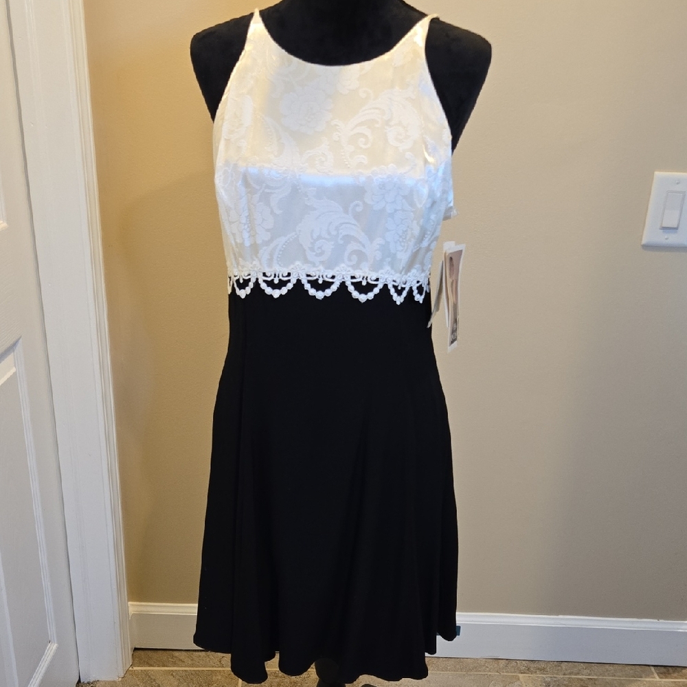Jessica McClintock Cream and Black Lace Backless Dress